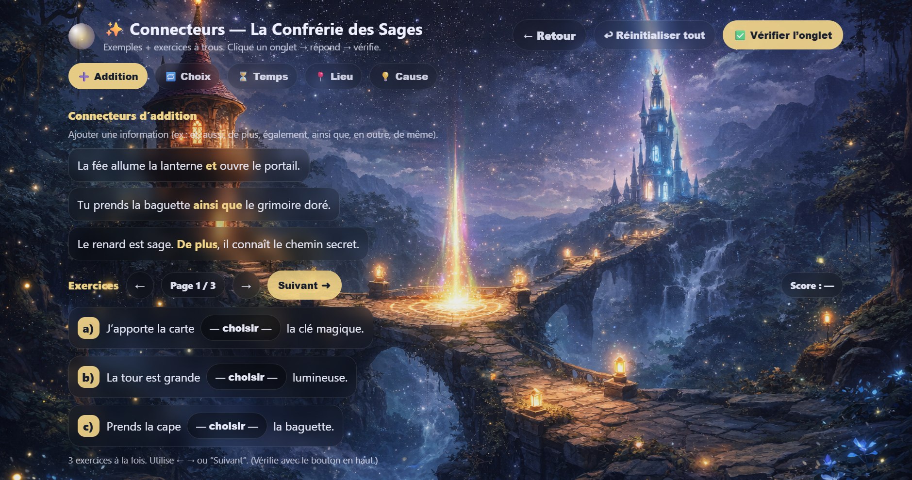 Aperçu jeu exercices connecteurs